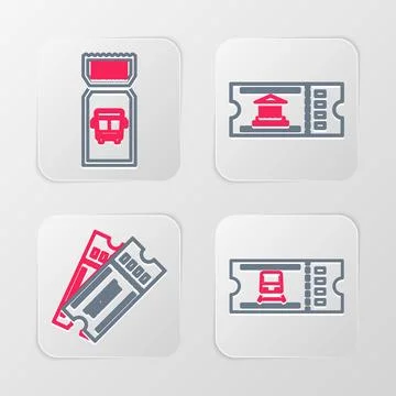 Set line Train ticket, Ticket, Museum and Bus icon. Vector Stock Illustration
