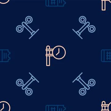 Set line Train ticket, traffic light and station clock on seamless pattern. V イラスト素材
