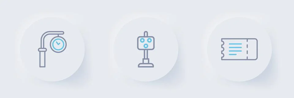 Set line Train ticket, traffic light and station clock icon. Vector Stock Illustration