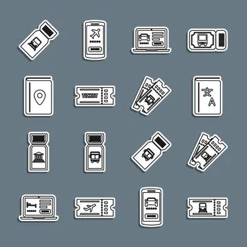 Set line Train ticket, Translator book, Online car sharing, Ticket, Cover travel Illustrazione stock