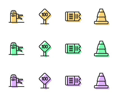 Set line Train ticket, Turnstile, Speed limit traffic sign 100 km and Traffic Stock-Illustration