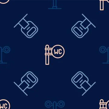 Set line Train traffic light, Cable car and Toilet on seamless pattern. Vector Stock Illustration