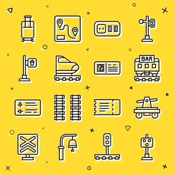 Set line Train traffic light, Draisine or handcar, Restaurant train, Electrical Stock Illustration