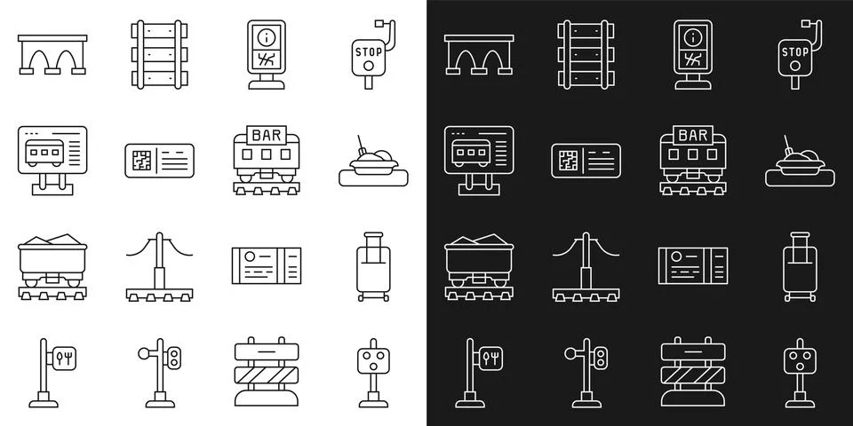 Set line Train traffic light, Suitcase, Plate with food, Information stand, QR Stock Illustration