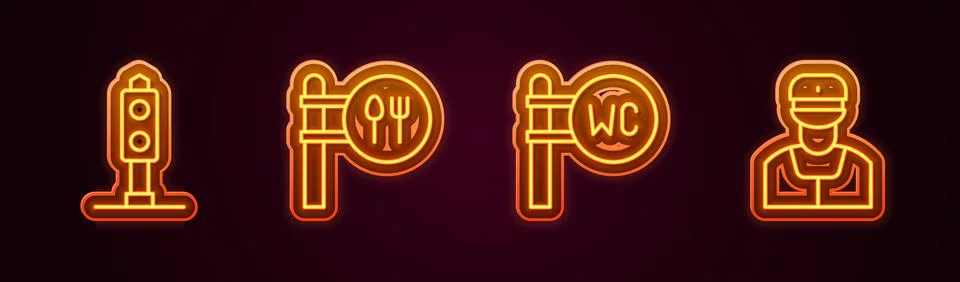 Set line Train traffic light, Cafe and restaurant location, Toilet and conductor Illustrazione stock