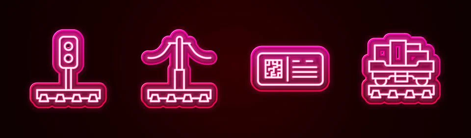 Set line Train traffic light, Railway, QR code ticket train and Cargo wagon Stock Illustration