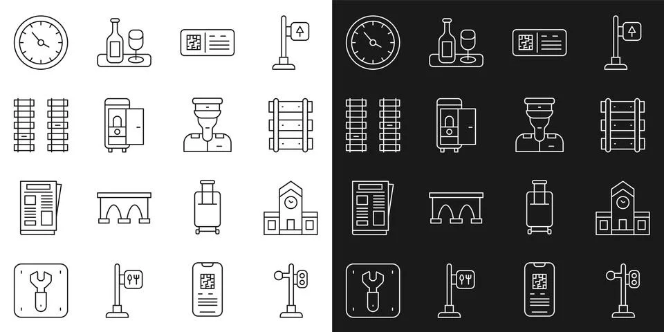 Set line Train traffic light, Railway station, Railway, railroad track, QR code Stock-Illustration