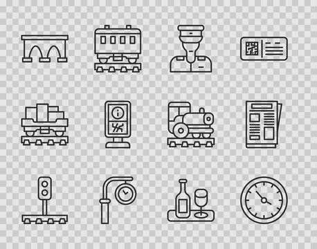Set line Train traffic light, station clock, conductor, Bridge for train Stock Illustration