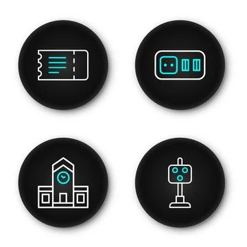 Set line Train traffic light, Railway station, Electrical outlet and ticket.. Stock Illustration