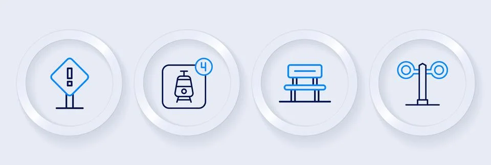 Set line Train traffic light, Waiting hall, Online ticket booking and Excla.. Stock Illustration