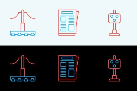 Set line Train traffic light, Railway and News icon. Vector Stock Illustration