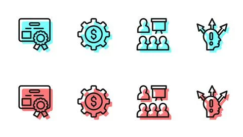 Set line Training, presentation, Certificate template, Gear with dollar and Stock Illustration