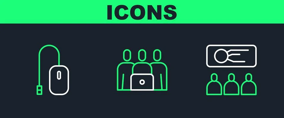 Set line Training, presentation, Computer mouse and Online class icon. Vector 스톡 일러스트