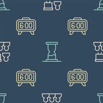 Set line Training, presentation, Digital alarm clock and Old hourglass with sand Stock Illustration