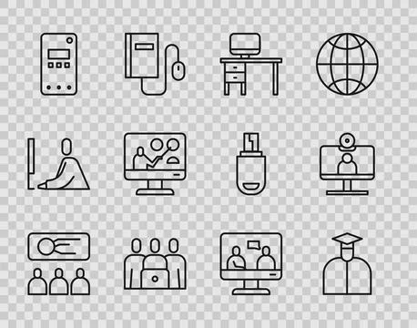 Set line Training, presentation, Student, Computer monitor and desk, Online Stock Illustration