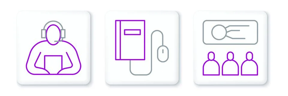 Set line Training presentation Student and Electronic book with mouse icon. V Stock Illustration