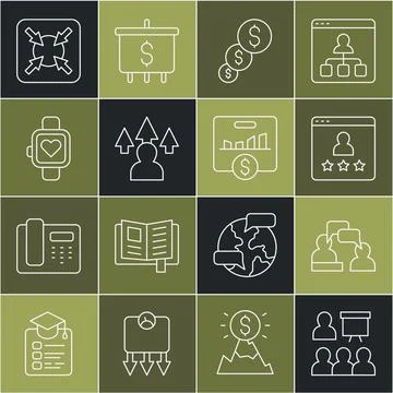 Set line Training, presentation, Two sitting men talking, Customer product Stock Illustration