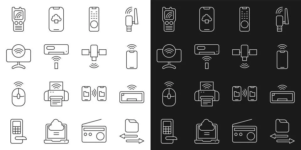 Set line Transfer files, Computer keyboard, Mobile with wi-fi wireless, Remote Stock Illustration