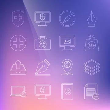 Set line Transfer files, Layers, Weight pounds, Wind rose, First aid kit Stock Illustration