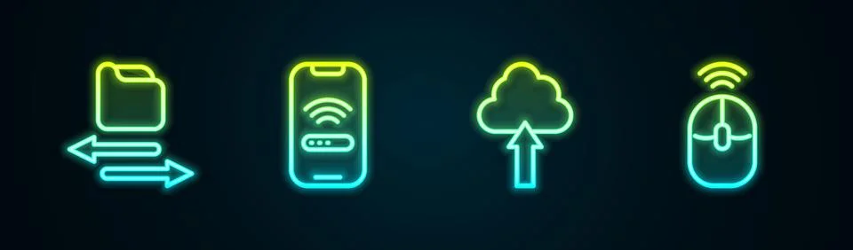 Set line Transfer files, Mobile with wi-fi wireless, Cloud upload and Wireless Illustrazione stock