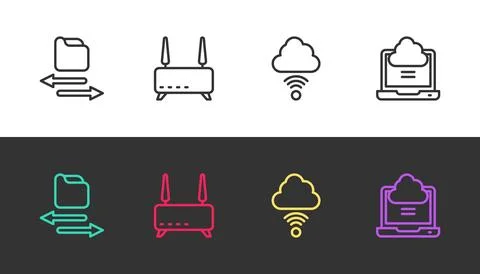 Set line Transfer files, Router and wi-fi signal, Network cloud connection .. Stock Illustration