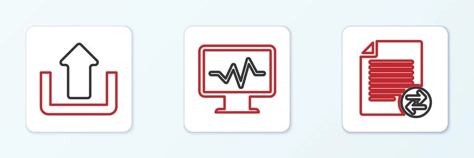 Set line Transfer files, Upload and Monitor with cardiogram icon. Vector 스톡 일러스트