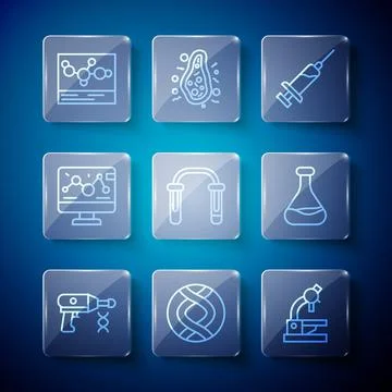 Set line Transfer liquid gun, DNA symbol, Microscope, Syringe, Test tube and イラスト素材