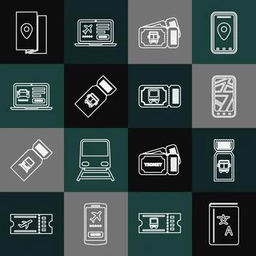 Set line Translator book, Bus ticket, Infographic of city map, Online car Stock Illustration