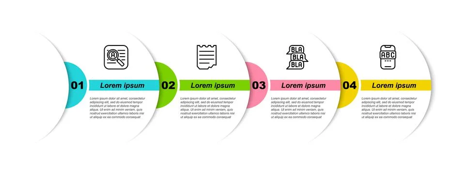 Set line Translator, Notebook, Speech bubble chat and Foreign language online Stock Illustration