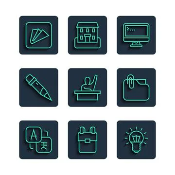 Set line Translator, School backpack, Light bulb, Computer monitor, Male kid Stock Illustration