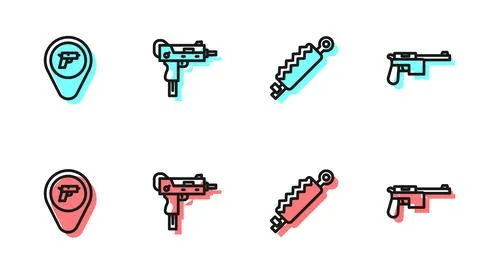 Set line Trap hunting, Location with weapon, UZI submachine gun and Mauser icon Stock Illustration