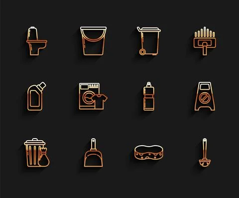 Set line Trash can and garbage bag, Dustpan, Toilet bowl, Sponge, brush, Washer Ilustración de archivo