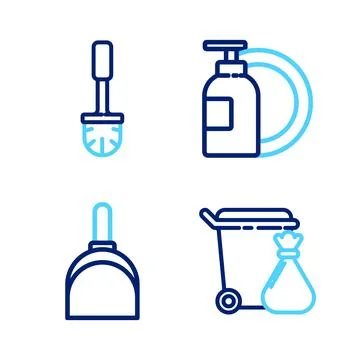 Set line Trash can and garbage bag, Dustpan, Dishwashing liquid bottle plat.. Ilustración de archivo