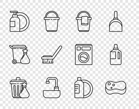 Set line Trash can and garbage bag, Sponge, Bucket with rag, Washbasin wate.. Stock Illustration