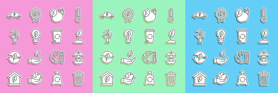 Set line Trash can, Apple core, Sprout, Electric saving plug in leaf, Light.. Stock Illustration