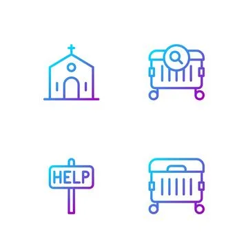Set line Trash can, Ask for help text, Church building and Searching food Ilustración de archivo