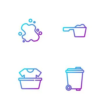 Set line Trash can, Basin with shirt, Water spill and Washing powder. Gradient Ilustración de archivo