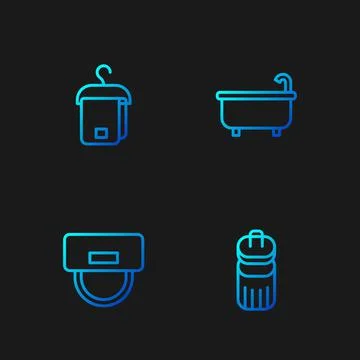Set line Trash can, Bellboy hat, Towel on hanger and Bathtub. Gradient color Ilustración de archivo