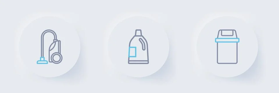 Set line Trash can, Bottle for cleaning agent and Vacuum cleaner icon. Vector Stock Illustration