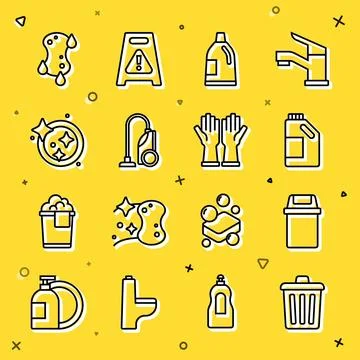 Set line Trash can, Bottle for cleaning agent, Vacuum cleaner, Washing dish.. Stock Illustration