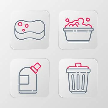 Set line Trash can, Bottles for cleaning agent, Plastic basin with soap sud.. Illustrazione stock