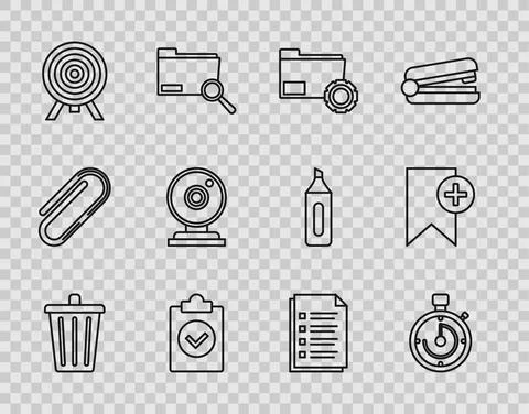 Set line Trash can, Briefcase, Folder settings with gears, Completed task Stock Illustration