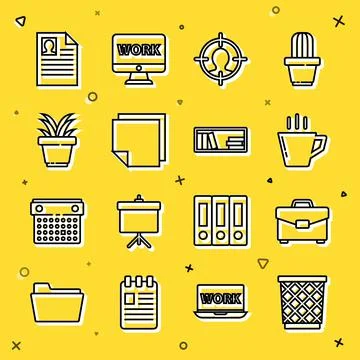 Set line Trash can, Briefcase, Coffee cup, Head hunting concept, Post note Stock Illustration