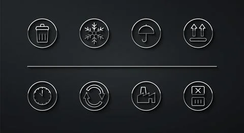 Set line Trash can, Clock, Temperature wash, Factory production, Recycle symbol Ilustración de archivo