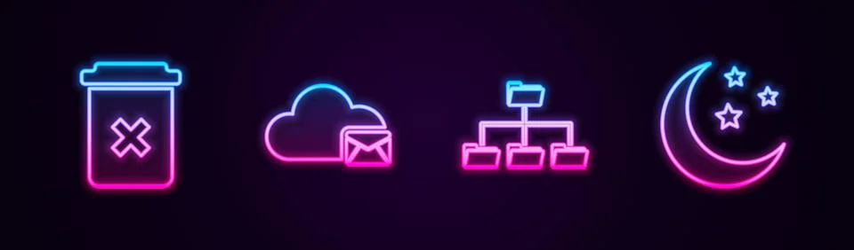 Set line Trash can, Cloud mail server, Folder tree and Moon and stars. Glowing Stock-Illustration