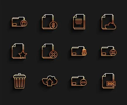 Set line Trash can, Cloud upload, Delete folder, Document with minus, DOC file Stock Illustration