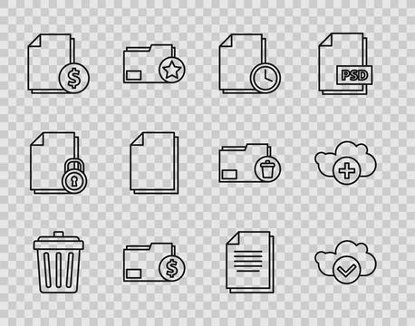 Set line Trash can, Cloud with check mark, Document clock, Finance document.. Illustrazione stock