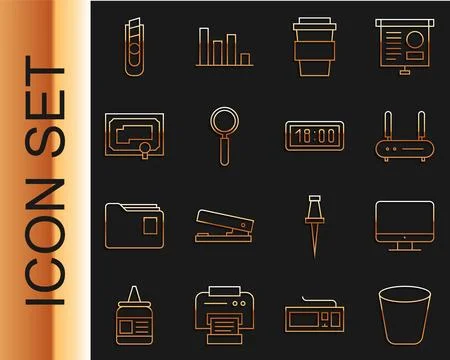 Set line Trash can, Computer monitor screen, Router and wi-fi signal, Coffe.. 스톡 일러스트