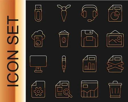 Set line Trash can, Delete file document, Picture landscape, Headphones, Coffee Illustrazione stock