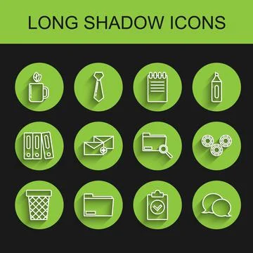 Set line Trash can, Document folder, Cup of tea and leaf, Completed task, Speech Stock Illustration